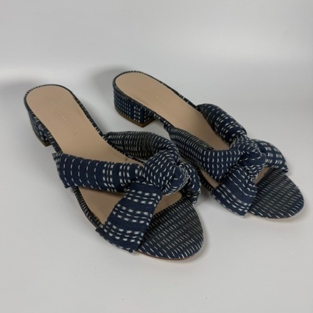 Loeffler Randall Elise Navy White Woven Knot Slide Block Heel Sandals | Size 9